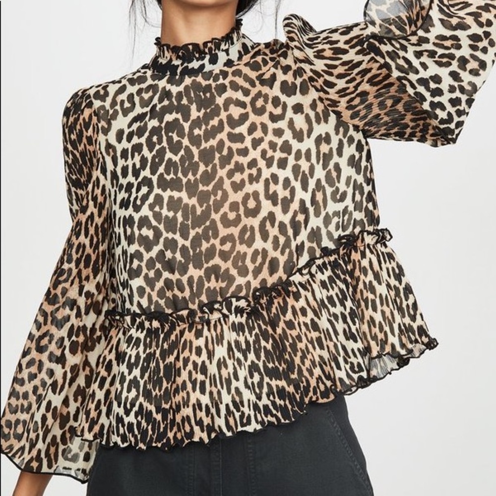 Ganni Leopard Print Chiffon Bell Sleeve blouse